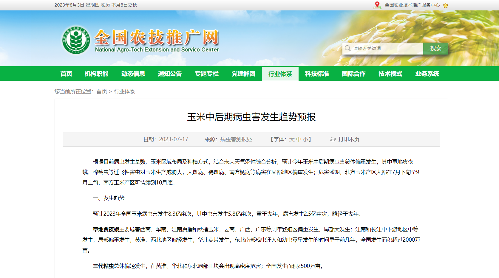 玉米中后期病蟲害發(fā)生趨勢預(yù)報